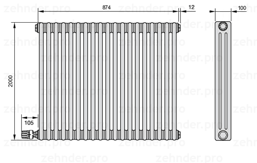 Схема (чертеж) Радиатор Zehnder Charleston 3200/19 №V003 Белый глянцевый RAL 9016